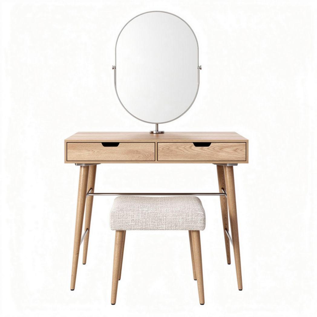 Toeletta in legno con specchio ovale e sgabello imbottito 80 x 45 x 75cm