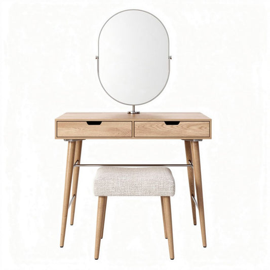 Toeletta in legno con specchio ovale e sgabello imbottito 80 x 45 x 75cm