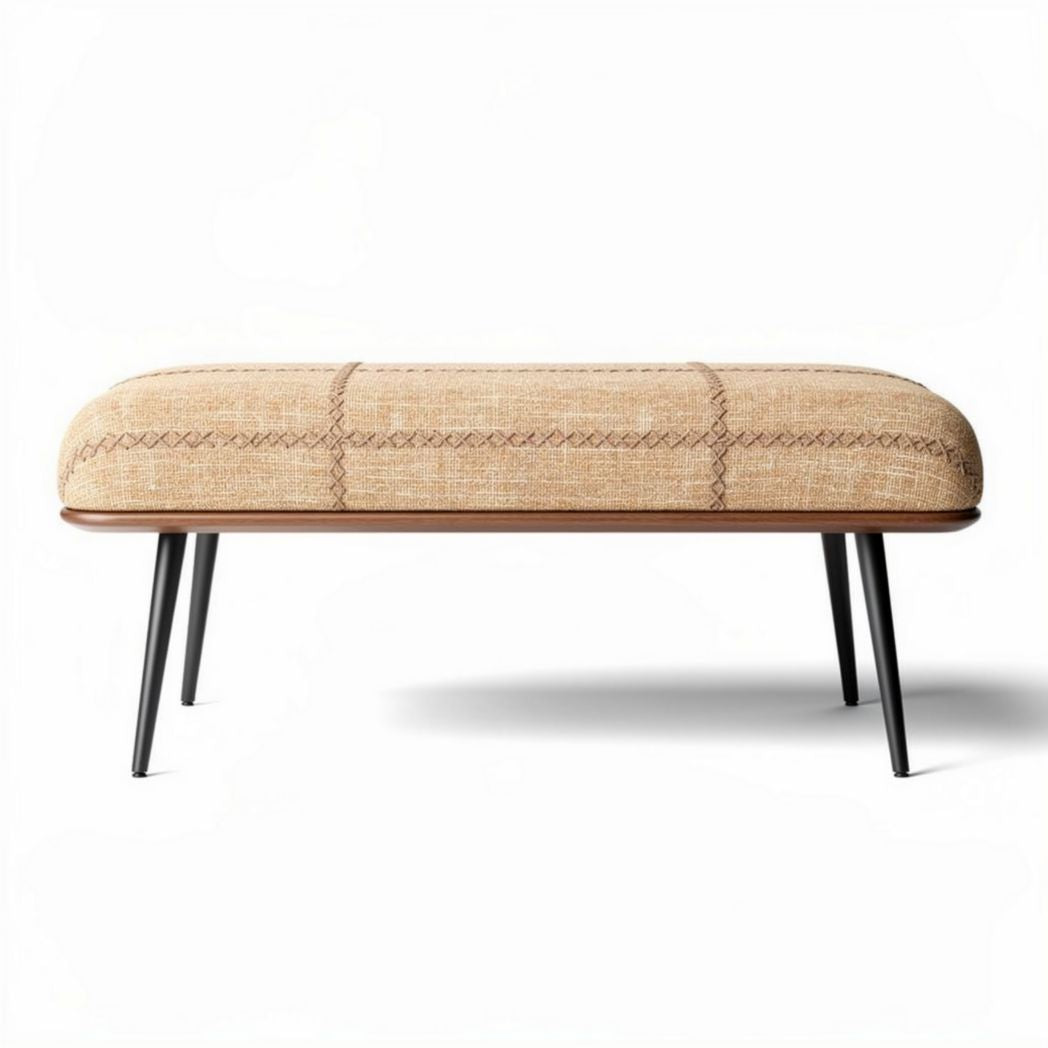 Panchetto in tessuto beige con gambe in metallo nero dimensioni 80 x 40 x 30cm