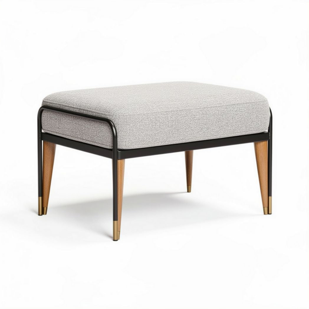 Pouf in tessuto grigio con struttura in metallo e gambe in legno 75 x 75 x 40cm