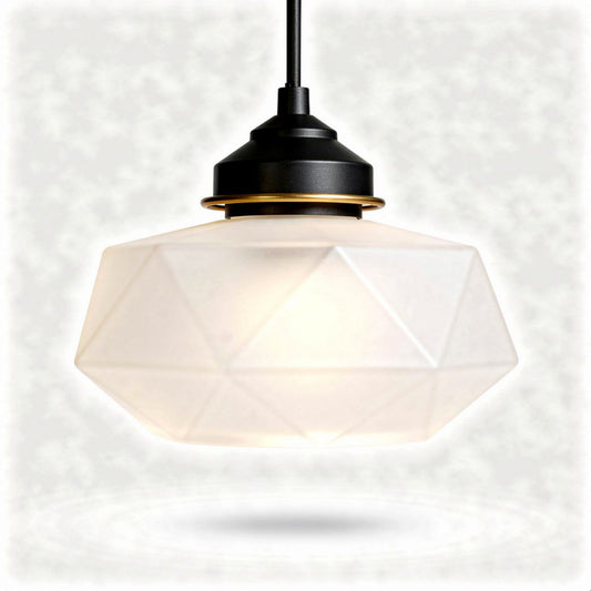 Lampada a sospensione geometrica in vetro opalino e metallo nero 30 x 30 x 15cm